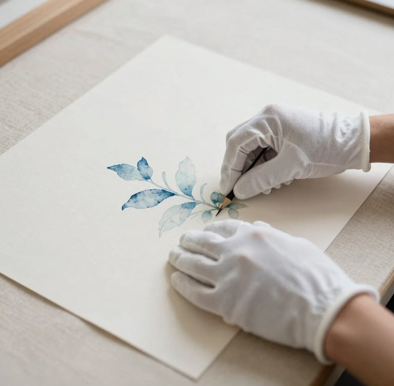 Close-up of hands wearing white cotton gloves carefully aligning a delicate watercolor painting on an acid-free linen mounting board, soft diffused studio light, 35mm