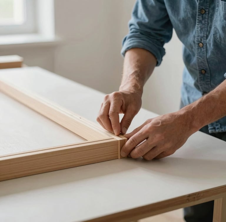 A craftsman aligning a wooden frame molding on a clean work table, soft natural light, focus on the corner joinery