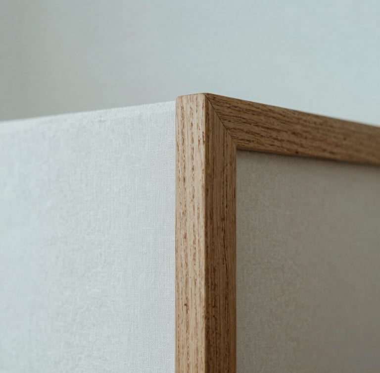 A minimalist macro photograph of a perfectly joined natural oak frame corner, soft diffused daylight, shallow depth of field, linen mat texture visible.