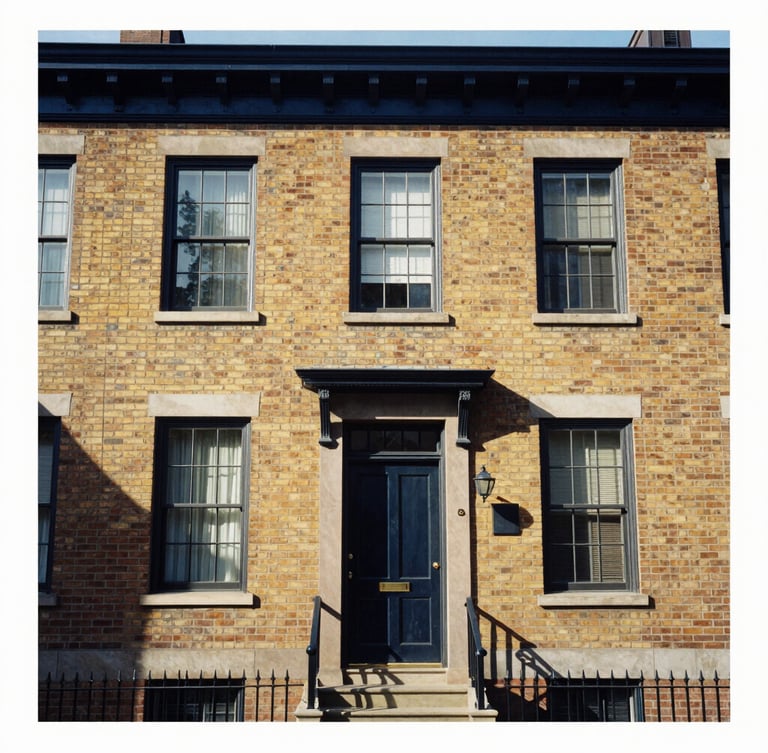 Warm editorial photograph of a historic Philadelphia brick rowhome with a small front porch, bright natural daylight, rich navy and gold undertones, sharp focus, 35mm lens, generous negative space on the left.