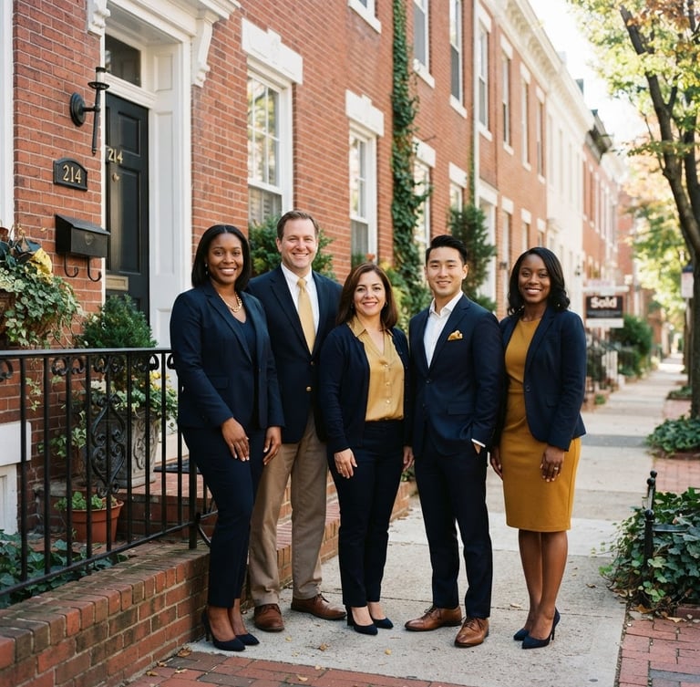 Warm, professional portrait of the Mega Realty team (diverse group of 4-5 people) standing outside a classic Philadelphia brick rowhome with a small front porch, bright natural daylight, rich navy and gold undertones, sharp focus, 35mm lens