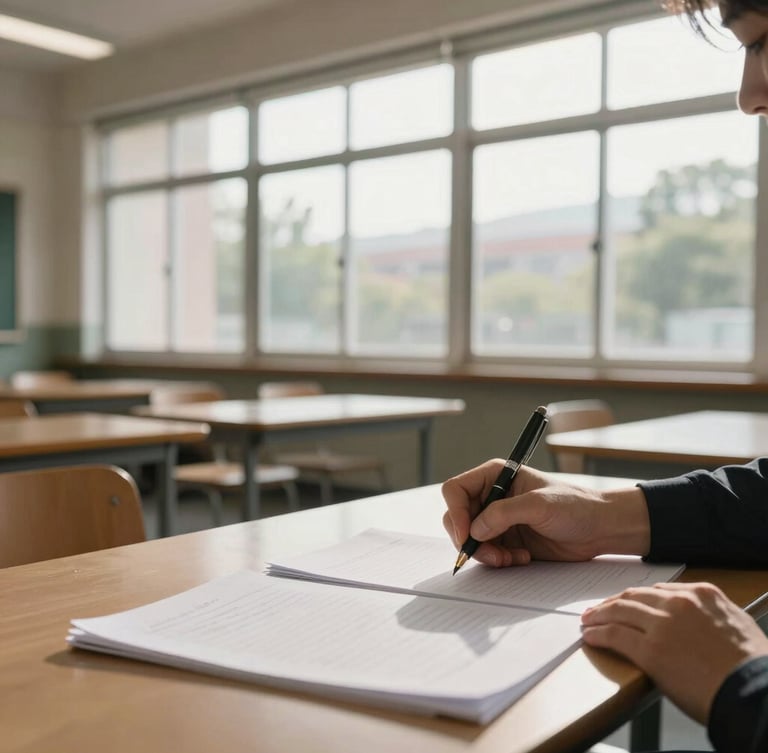 Wide environmental portrait of a quiet, sunlit educational workspace, soft natural daylight from a high window, hands taking notes with a fountain pen on structured paper, academic and highly professional atmosphere.