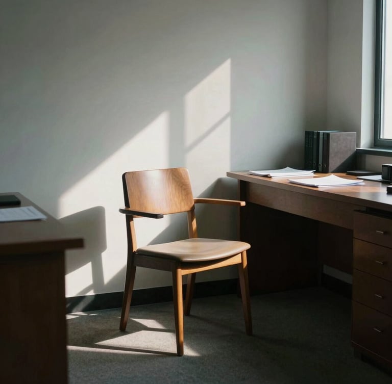 A quiet, sunlit office room, a single wooden chair next to a desk with papers, soft shadows, professional and institutional atmosphere