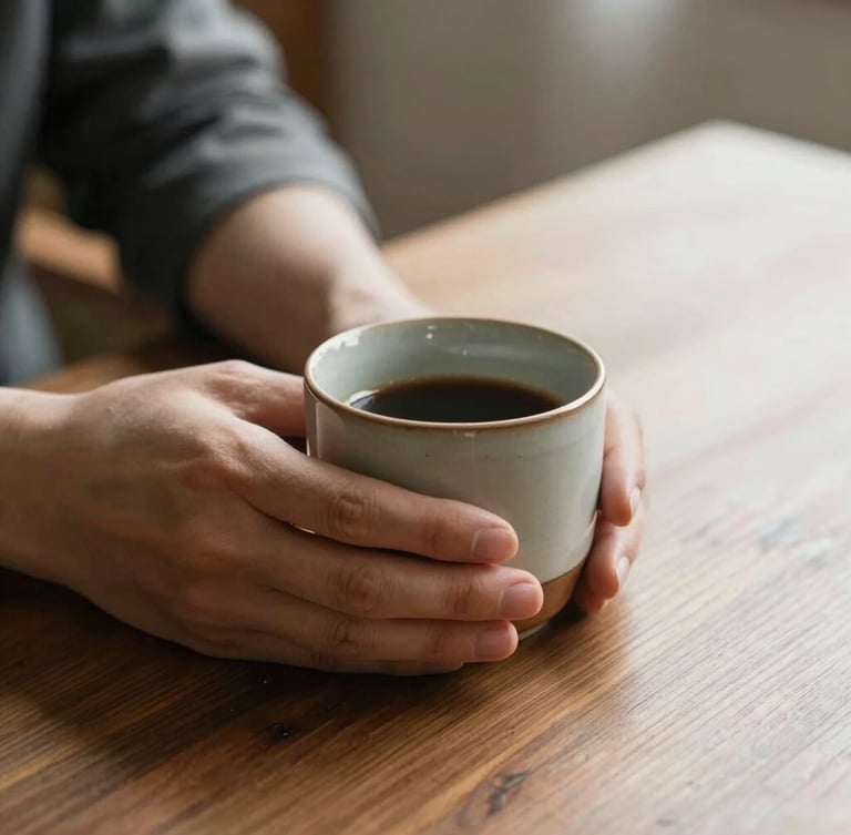 Close-up of hands holding a warm ceramic cup on a wooden table, soft natural side lighting, calm and reflective atmosphere