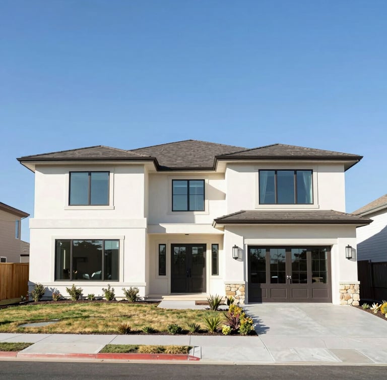 Bright daylight architectural shot of a modern luxury home exterior in Sandy, Utah, blue sky, clean lines.