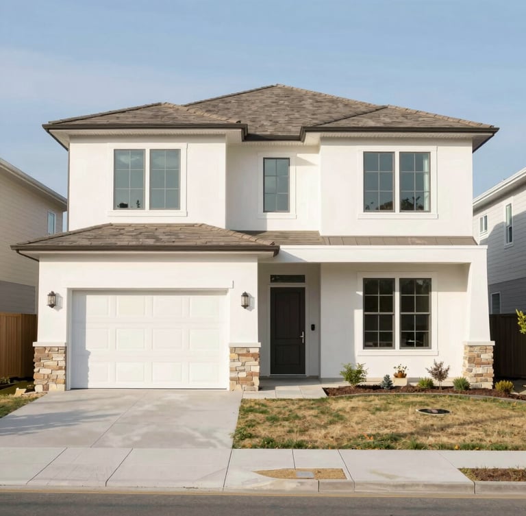 Bright modern residential exterior of a Salt Lake County home, clean architectural lines, natural daylight, warm clean tones, wide-angle lens, professional editorial style.