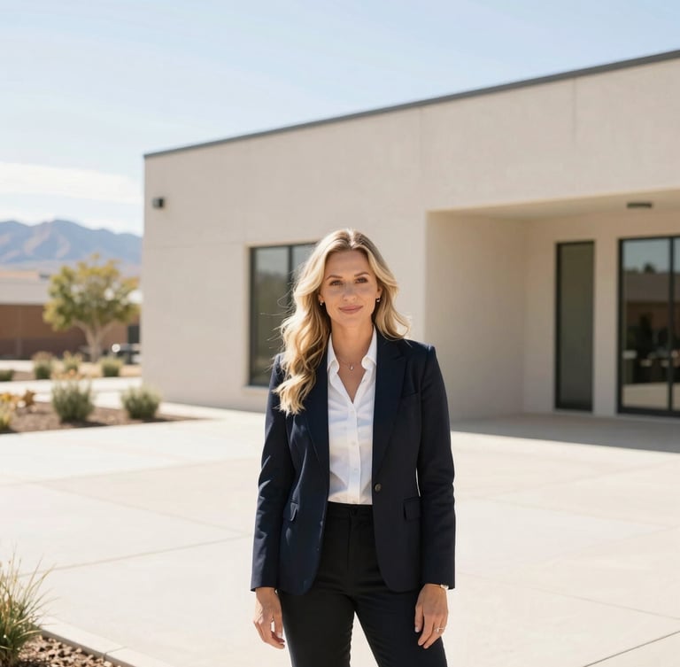 A professional warm portrait of real estate agent Hannah Call in Sandy, Utah, bright natural daylight, high-key editorial style