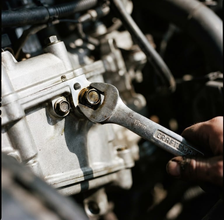 Tight macro shot of a heavy steel wrench turning a bolt on a clean engine block, sharp shadows, high-contrast natural daylight, 50mm lens