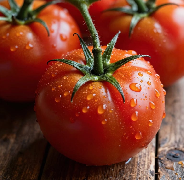 Extreme macro close-up of heirloom tomatoes on a rustic wooden table, water droplets, natural side-lighting, rich reds and deep greens.