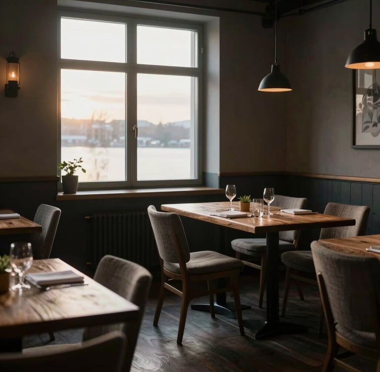 Wide environmental shot of a moody Scandinavian restaurant dining room at sunrise, low-key directional natural light streaming through a large window, rustic wooden tables, empty linen-draped chairs, soft shadows.