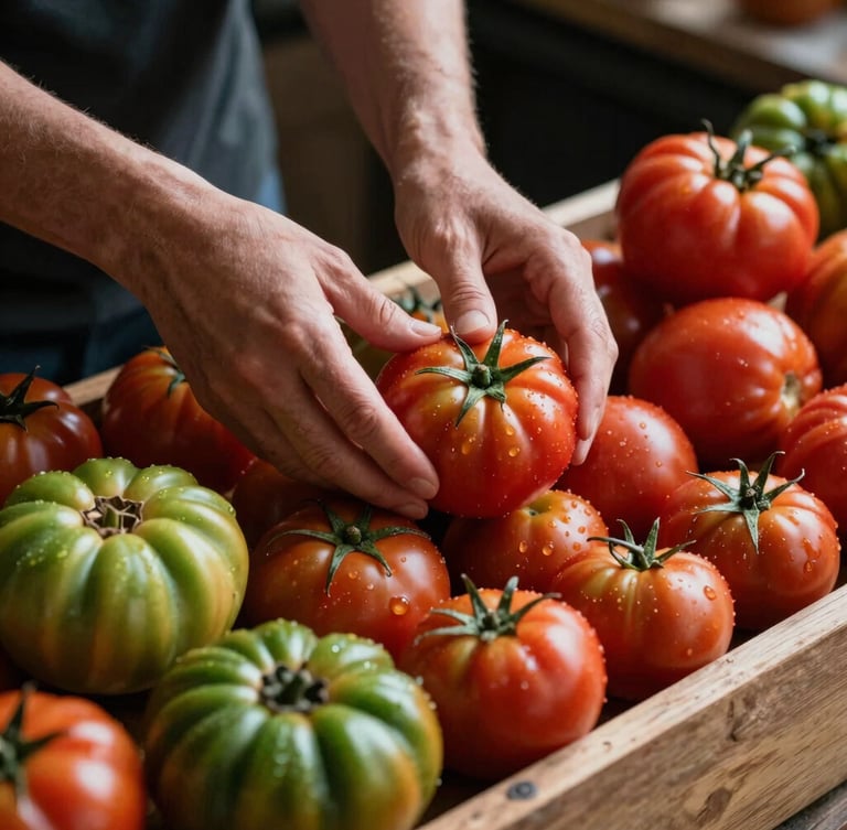 A close-up shot of hands arranging heirloom tomatoes on a rustic wooden market display, directional window light, rich red and green tones