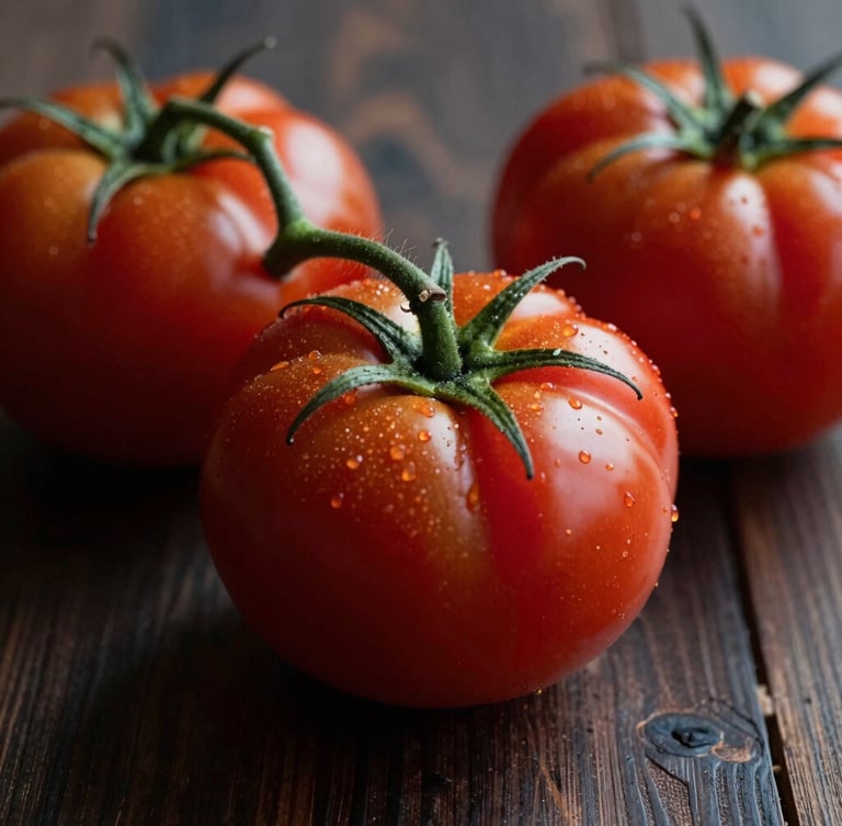 Extreme macro close-up of heirloom tomatoes on a dark wooden table, soft directional natural light casting long shadows, Scandinavian moody aesthetic.
