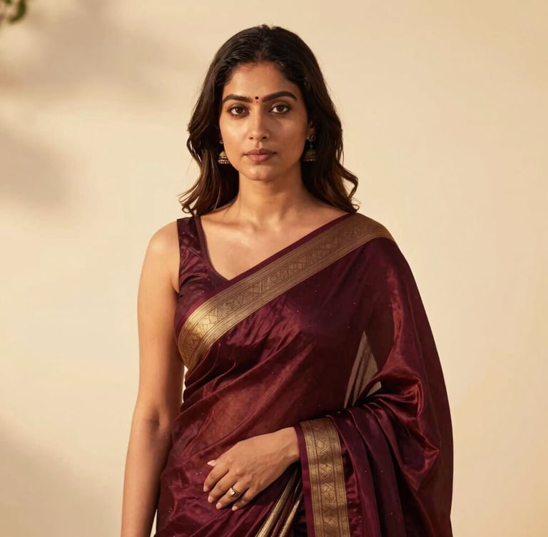 Editorial portrait of a Bangladeshi woman in a draped silk saree, soft golden-hour light, warm cream background, 35mm