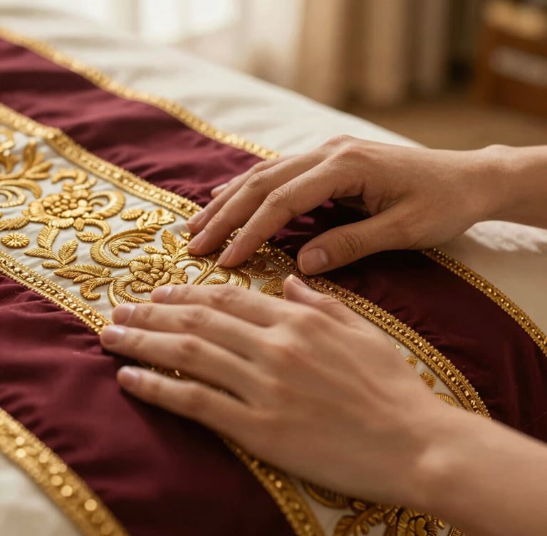Close-up detail of hands touching premium embroidered fabric, warm gold and deep burgundy threads catching soft window light, editorial luxury fashion photography