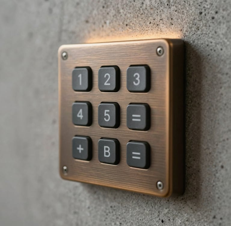 Macro close-up of a custom-brushed bronze home automation keypad flush-mounted on raw concrete, warm subtle backlighting behind buttons, architectural detail, shallow depth of field.