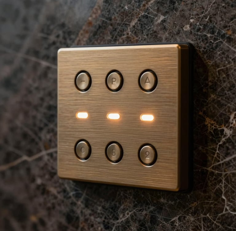 Macro shot of an elegant brushed bronze automation keypad integrated seamlessly into a dark marble wall, minimal indicator lights glowing softly
