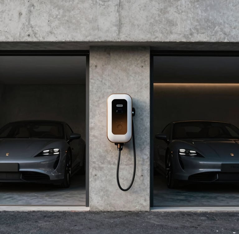 Symmetrical architectural shot of a minimalist concrete garage, a luxury electric sports car charging, clean bronze-accented charging station mounted on a dark marble wall, dramatic low-key lighting
