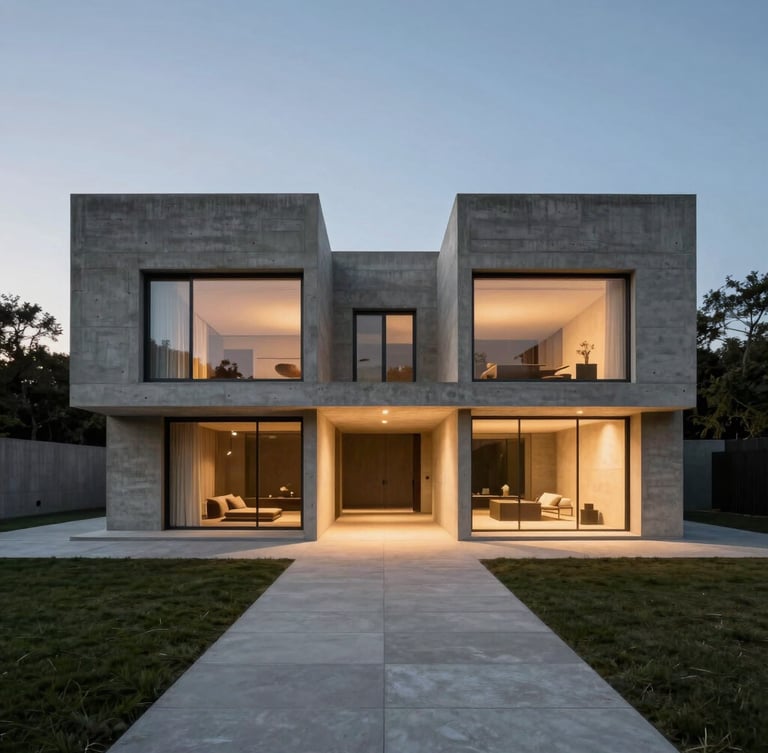 Symmetrical architectural shot of a brutalist concrete mansion in Alphaville at dusk, warm integrated floor lighting casting long shadows, minimalist landscape design