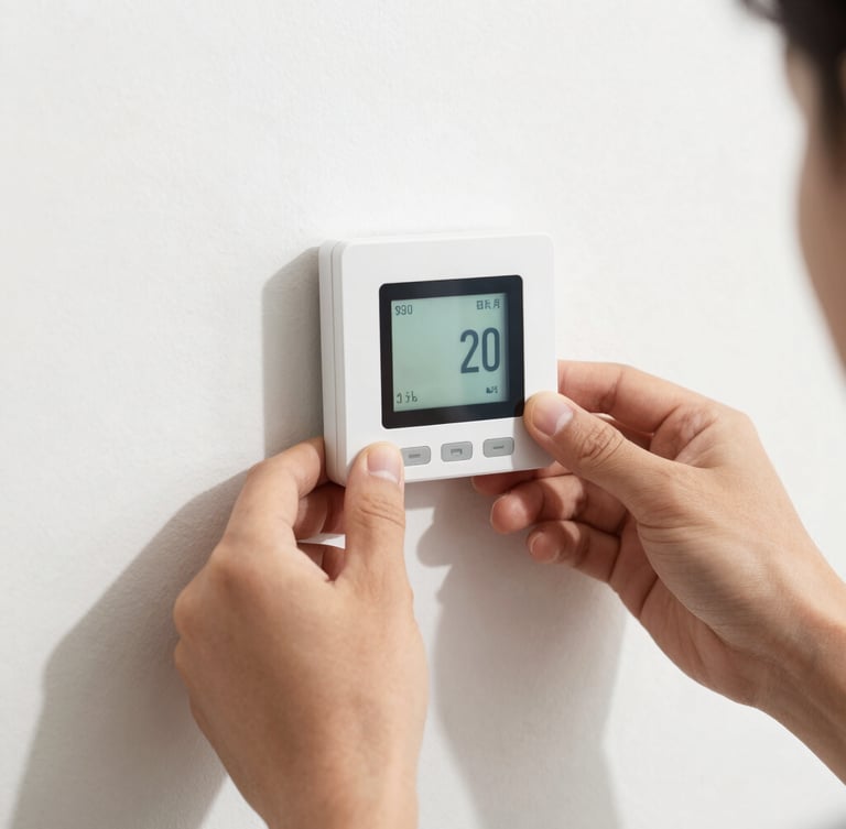 Close-up shot of hands installing a smart thermostat on a clean white wall, bright natural daylight, high-contrast technical details, 35mm