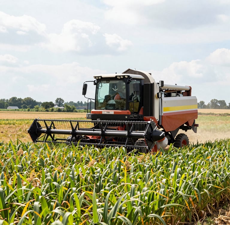 Low-angle heroic shot of a heavy-duty semi-autonomous harvester operating in a vast golden wheat field under bright Mexican sunlight, rich earth tones