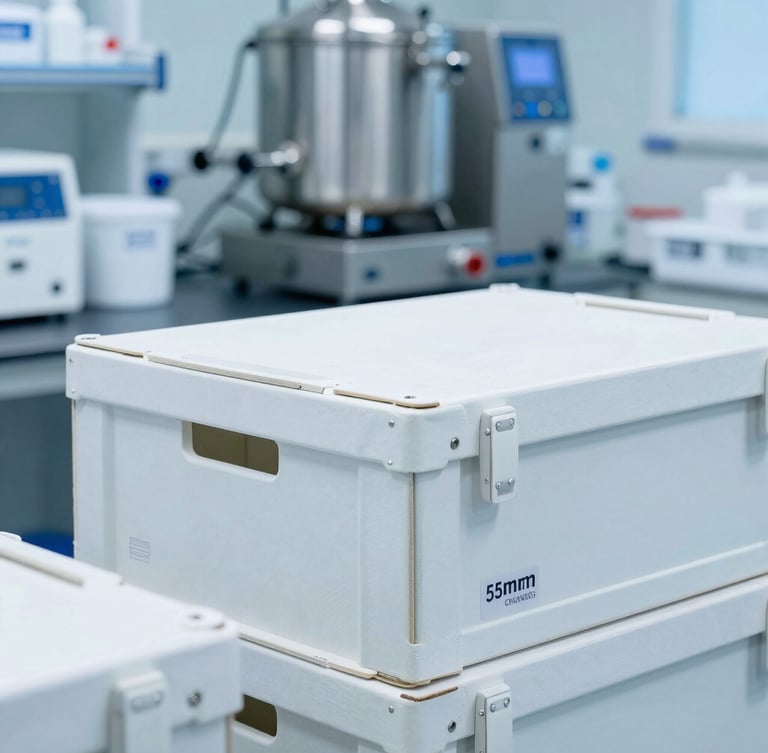 Medium shot of secure pharmaceutical shipping crates and stainless steel formulation equipment in a bright clinical laboratory, cool blue tones, sharp focus, 35mm