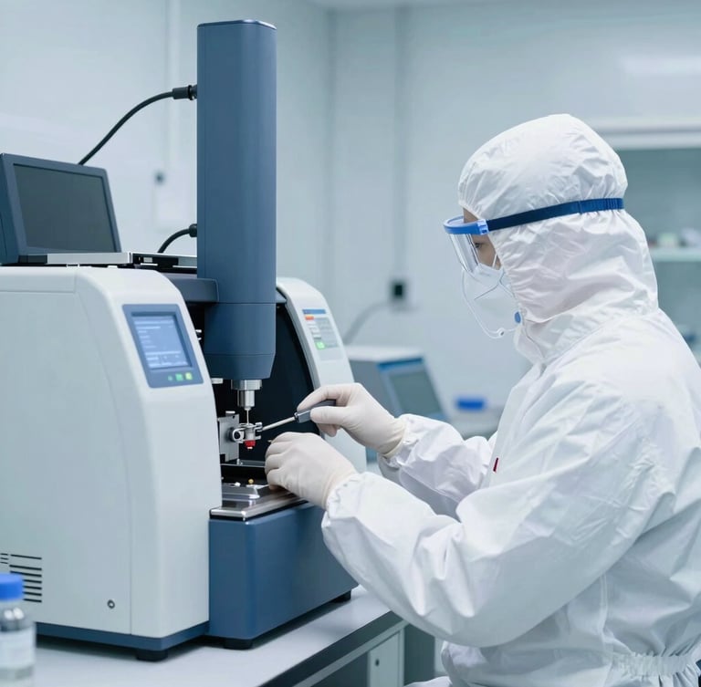 A scientist in protective gear operating a high-performance liquid chromatography machine in a bright, modern cleanroom, cool blue tones.