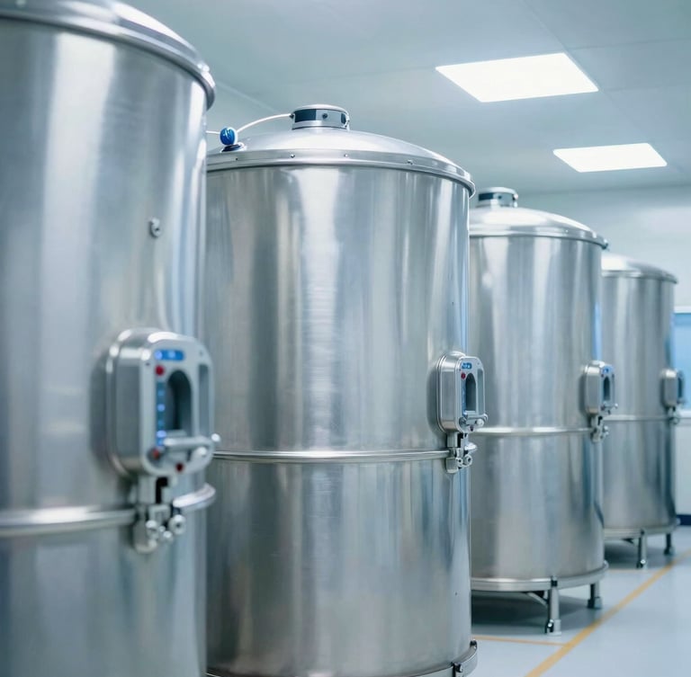 Industrial cold-chain storage facility with stainless steel climate-controlled containers, bright clinical white lighting, sharp focus.