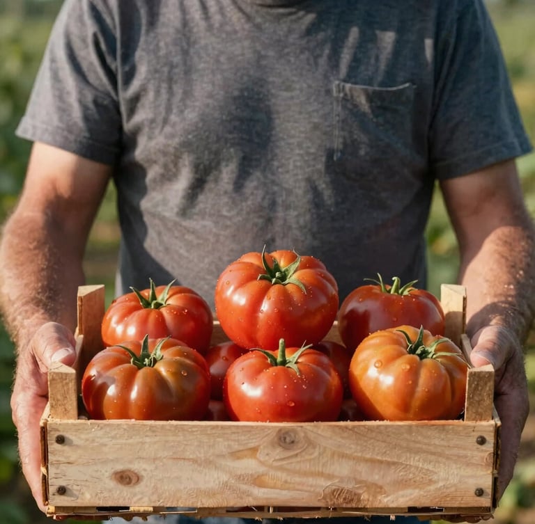 A close-up portrait of a local farmer holding a wooden crate of heirloom tomatoes, soft morning daylight casting deep shadows, rustic wooden textures.