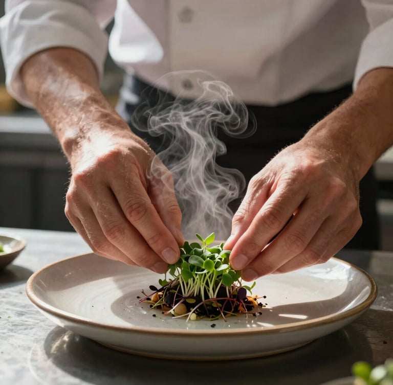 Tight macro shot of steam rising from a hot kitchen pass, chef's hands carefully adjusting a microgreen garnish on a ceramic plate under soft directional window light.