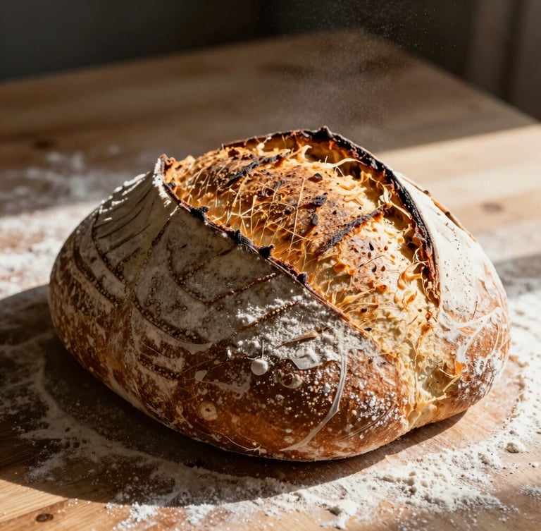 Tight macro shot of a raw sourdough loaf scored on a wooden prep table, natural morning light casting deep directional shadows, flour dusting the air.