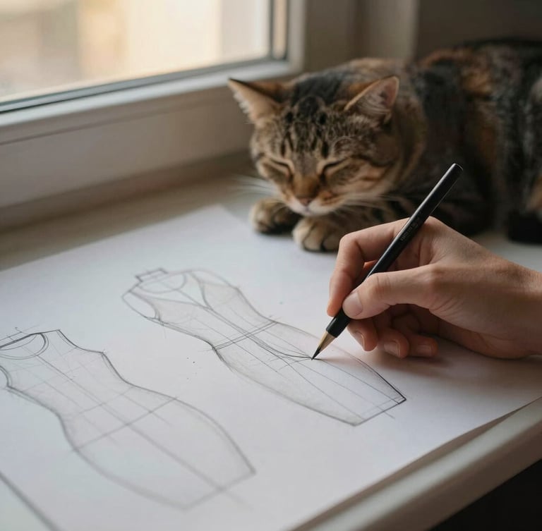 Close-up of hands sketching a garment pattern on heavy paper next to a sleeping cat, warm golden-hour window light, 35mm