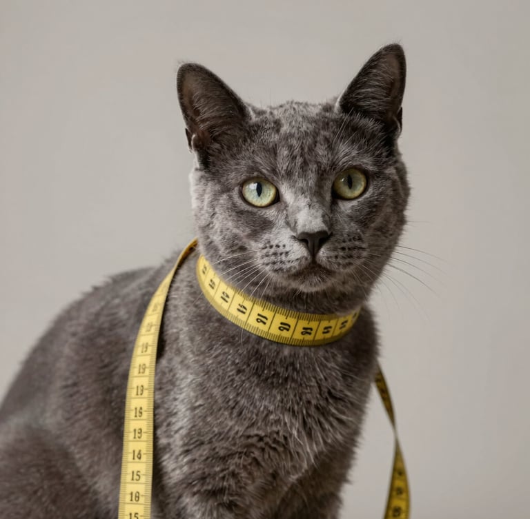 Close-up of a tailor measuring a sleek grey cat with a golden measuring tape, soft studio lighting, muted neutral tones, 35mm