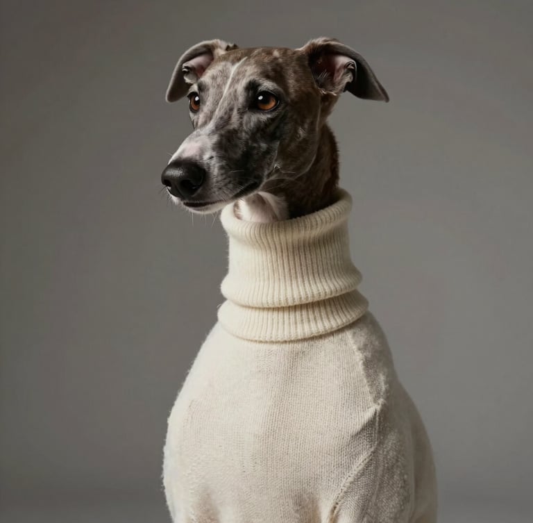 High-fashion editorial portrait of a sleek greyhound wearing a bespoke cream cashmere turtleneck, dramatic studio lighting, neutral background, 35mm