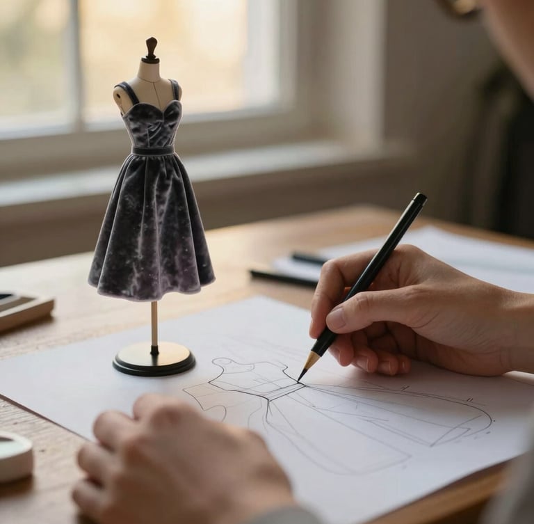 Close-up of a designer's hands drafting paper patterns next to a miniature velvet dress, warm golden-hour window light, shallow depth of field