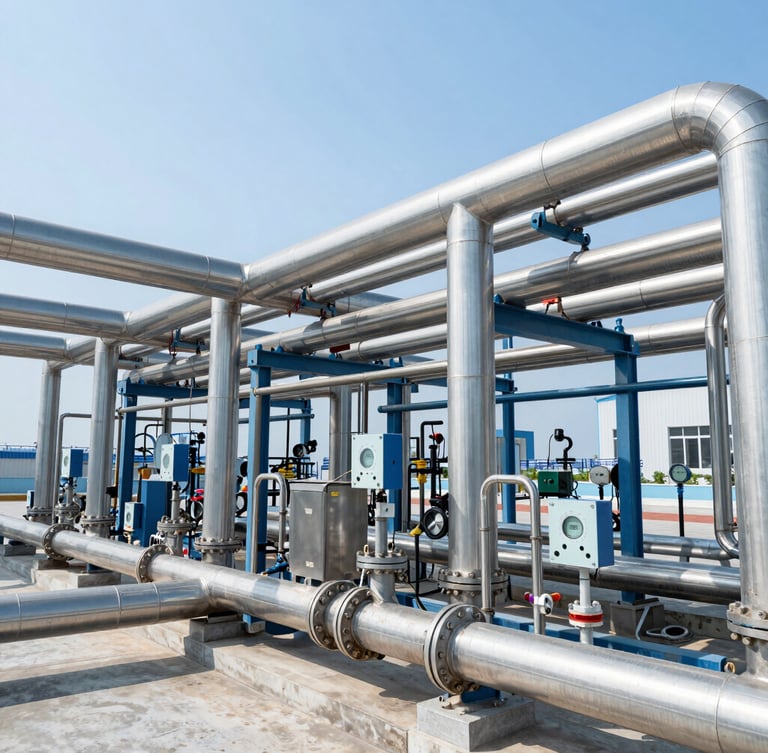 A modern industrial water treatment facility with clean steel pipelines and technical instrumentation, bright natural daylight, cool blue tones