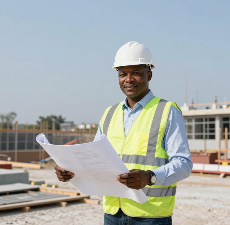 Professional portrait of Engr. Ayobami Taiwo, Group CEO, in a hard hat and safety vest on an active infrastructure site, holding blueprints, bright daylight