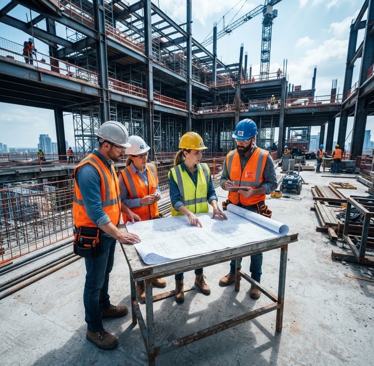 A sharp wide-angle photograph of engineers in high-visibility gear reviewing technical blueprints on an active construction site, bright daylight, steel and blue tones