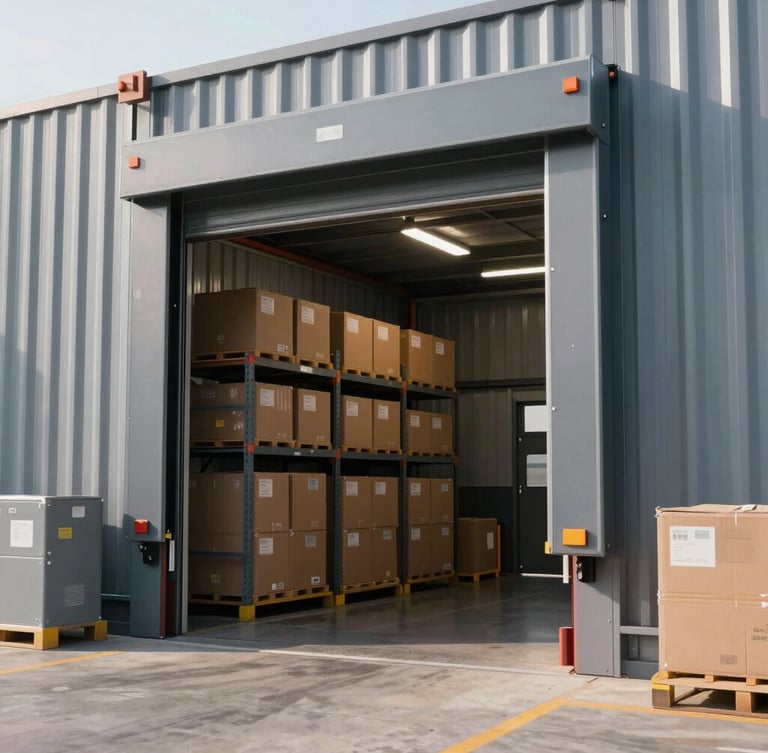 Clean interior of a modern logistics warehouse loading dock, organized cargo boxes, bright morning daylight, cool metallic tones, sharp commercial photography