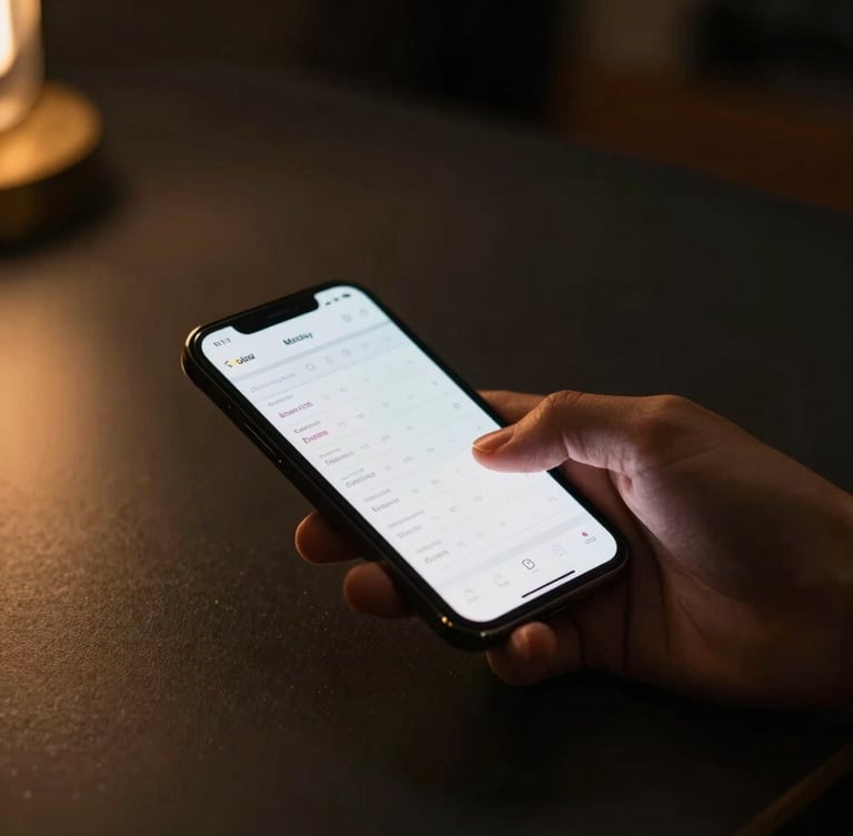 Hands interacting with a sleek mobile interface displaying a booking calendar, warm golden side light, dark matte background, cinematic depth of field