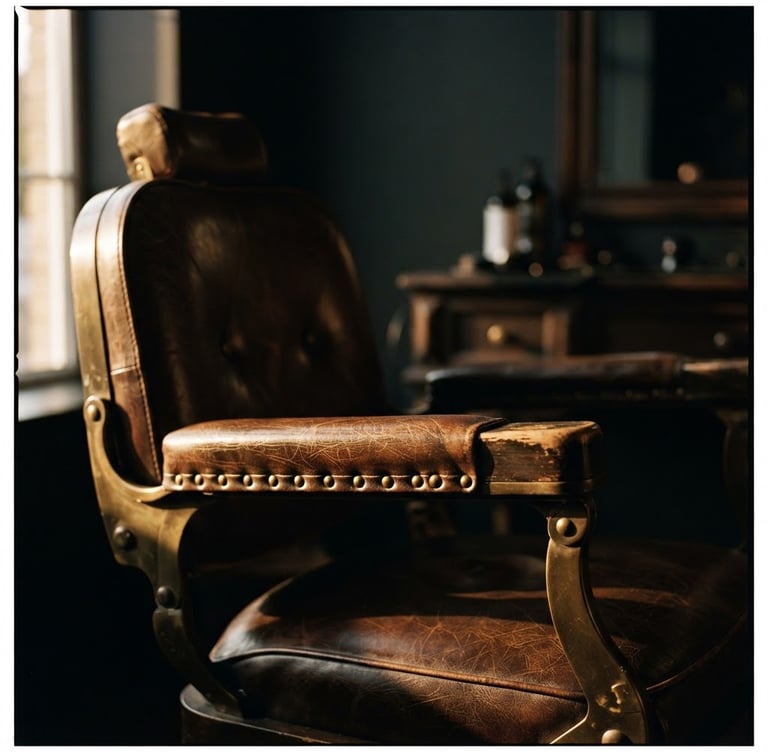Dramatic close-up of a luxury leather salon chair, warm golden-hour side light, deep charcoal shadows, cinematic 35mm photography