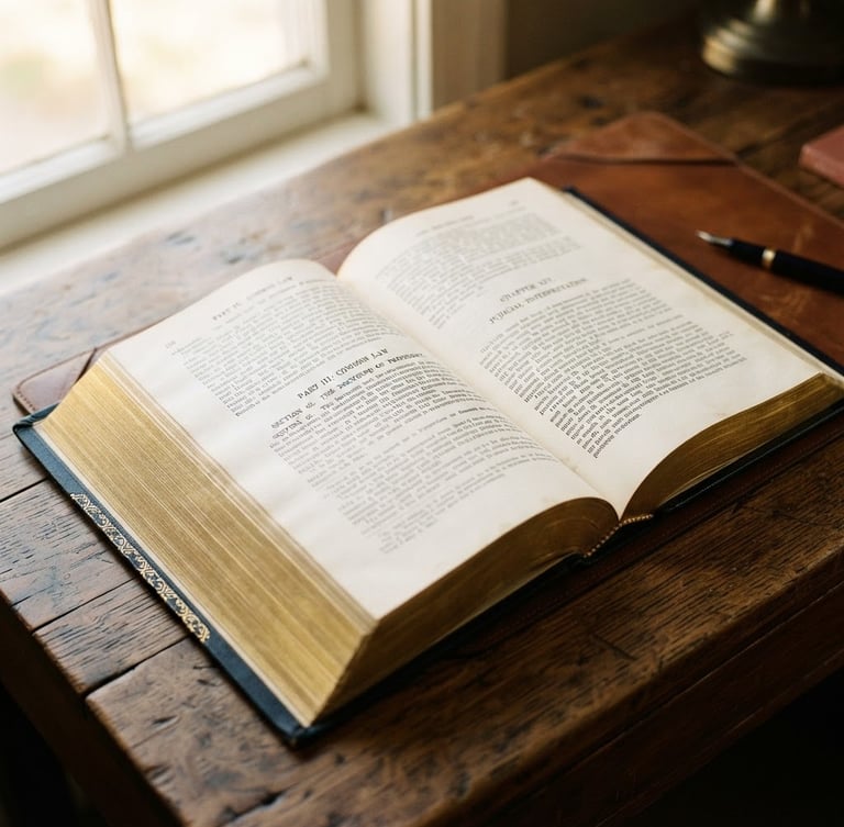 A close-up of an open law treatise on a wooden desk, focus on elegant typography and gold-leaf page edges, warm natural window light.