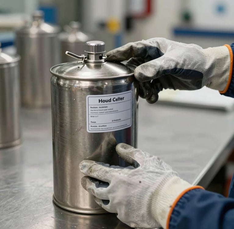 Close-up shot of hands in heavy-duty protective gloves carefully labeling a steel chemical canister with a dual-certified batch sticker, clean warehouse workbench environment