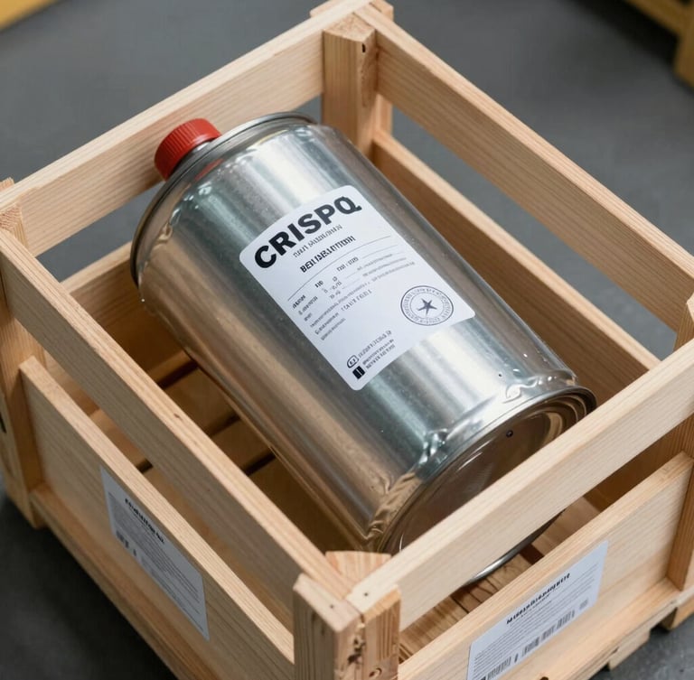 Crisp overhead daylight shot of a heavy metal chemical canister being packed into a custom wooden shipping crate, labels clearly visible showing batch numbers and certification stamps.