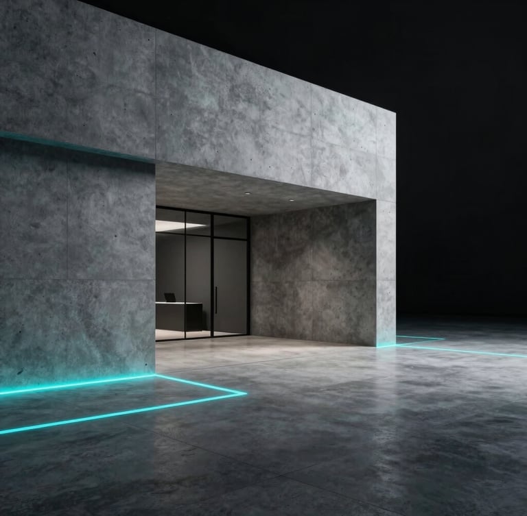 Sleek architectural render of a minimalist concrete office lobby, sharp cyan light lines tracing the floor edges, dark background, dramatic shadows.