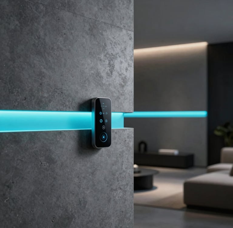 Sleek vertical portrait of a modern smart home interior, concrete walls, integrated glowing cyan LED strips, minimalist furniture, dramatic architectural lighting, sharp depth of field