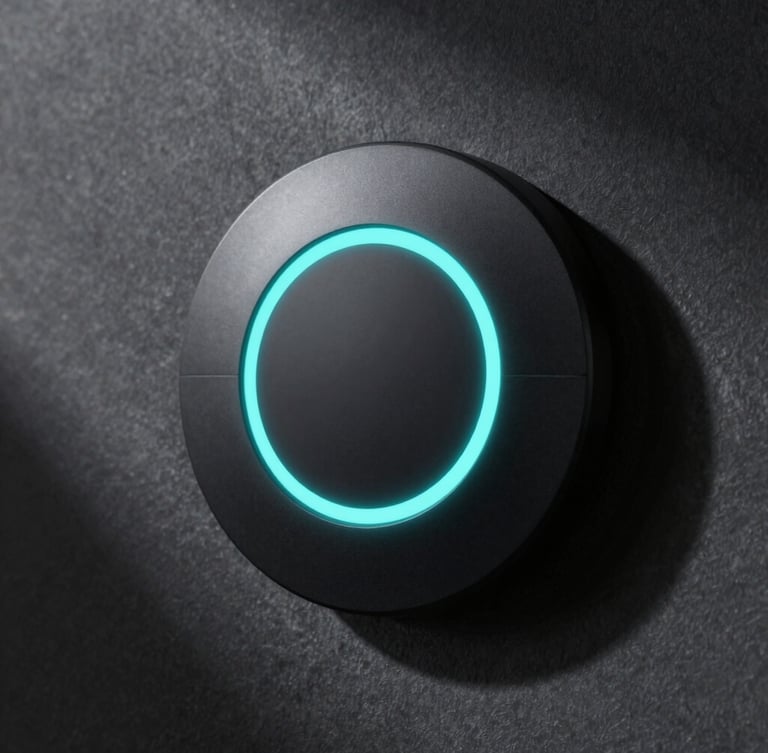 Macro photograph of a sleek matte black smart home wall controller, glowing cyan LED ring, brushed metallic finish, dramatic architectural shadows, dark background.