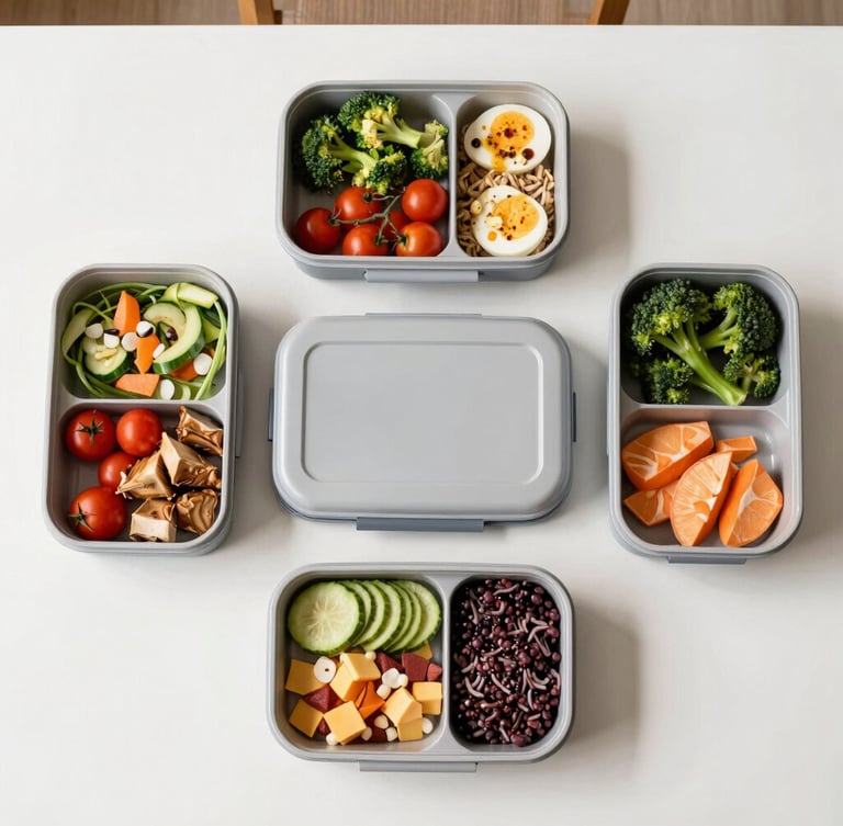 Overhead flat-lay of structured, premium corporate lunch boxes arranged neatly on a clean prep table, bright natural daylight, 50mm lens