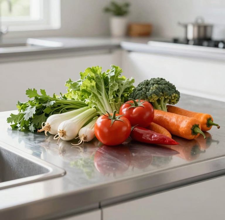 Bright editorial photo of a clean, modern kitchen prep station, fresh vibrant vegetables on a stainless steel counter, natural daylight, sharp focus