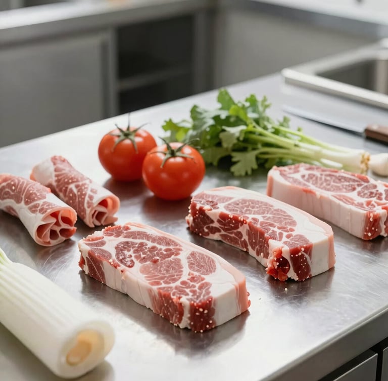 Close-up of fresh raw ingredients on a stainless steel kitchen counter, clean organized kitchen prep, bright natural daylight, professional culinary setting
