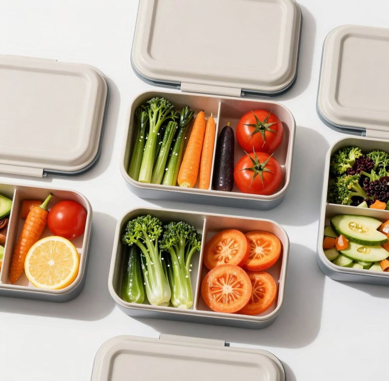 Overhead flat-lay of structured, premium corporate lunch boxes with fresh colorful vegetables, bright natural daylight, clean minimalist styling, 50mm lens